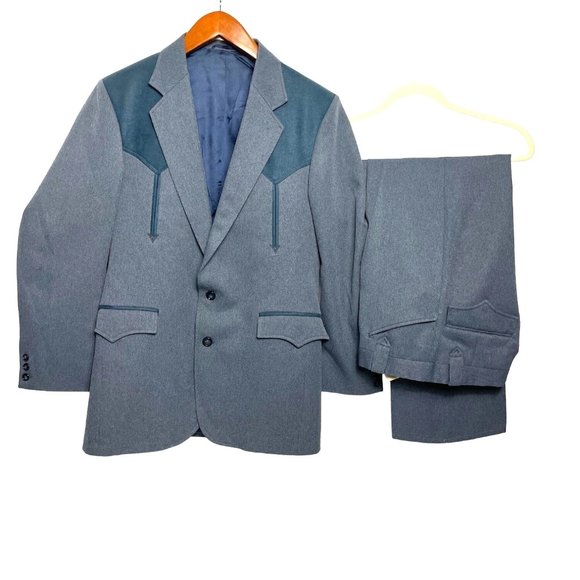 Vintage Other - Vintage 80s Circle S Dallas Western Suit 38R Steel Blue Cowboy Rockabilly Coat